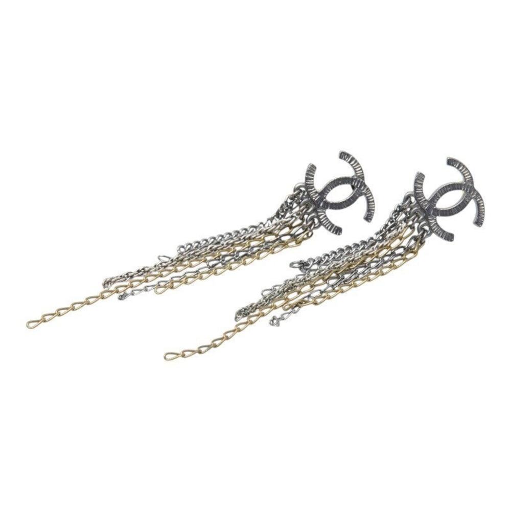 Chanel CC Logo Pierced Earrings Metal Silver